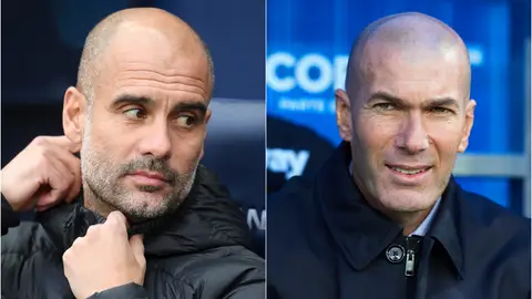 Guardiola y Zidane durante un partido de sus respectivos equipos Guardiola y Zidane durante un partido de sus respectivos equipos