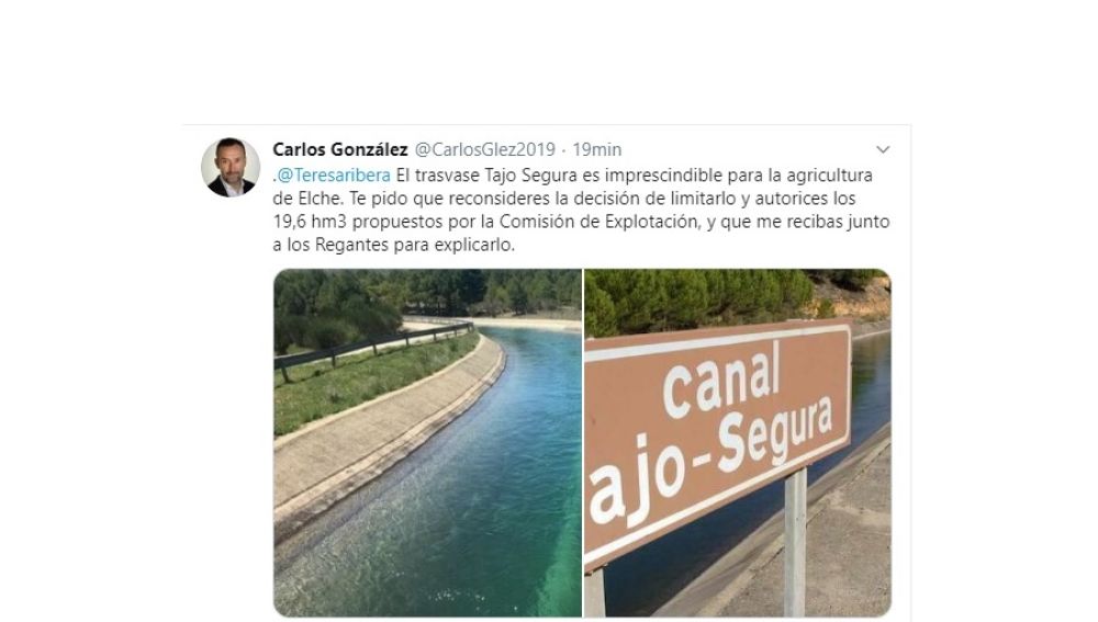 Mensaje en Twitter del alcalde de Elche.