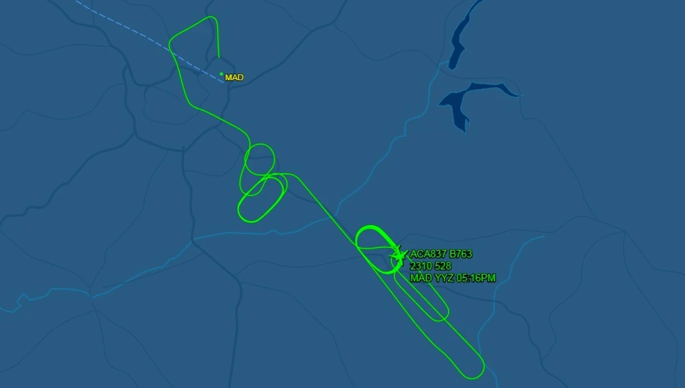 El recorrido del vuelo de Air Canadá tras despegar desde Barajas. El recorrido del vuelo de Air Canadá tras despegar desde Barajas.