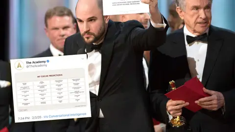 Montaje del tuit erróneo con una quiniela de los Oscar y el fallo del 'Envelopegate' en la ceremonia de 2017 La Academia de Hollywood ha tuiteado por error la quiniela de un fan 5 días antes de la ceremonia de los Oscar 2020