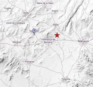 Mapa que muestra el epicentro del terremoto registrado en Mallorca. Mapa que muestra el epicentro del terremoto registrado en Mallorca.