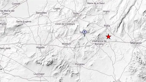 Mapa que muestra el epicentro del terremoto registrado en Mallorca. Mapa que muestra el epicentro del terremoto registrado en Mallorca.