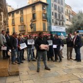 Agricultores y ganaderos de Mallorca, frente a Cort, con una porcella que han entregado al Alcalde de Palma.