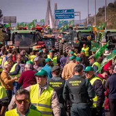 Agricultores junto a parte del más de un centenar de tractores y otros vehículos agrícolas durante el corte de tráfico en la autovía A-49corta la frontera con Portugal en Huelva Agricultores junto a parte del más de un centenar de tractores y otros vehículos agrícolas durante el corte de tráfico en la autovía A-49corta la frontera con Portugal en Huelva
