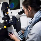 Una científica mira a través de un microscopio