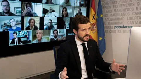 El presidente del Partido Popular Pablo Casado, durante la videoconferencia con la Comisión de seguimiento del COVID-19 del PP El presidente del Partido Popular Pablo Casado, durante la videoconferencia con la Comisión de seguimiento del COVID-19 del PP, el viernes en Madrid.