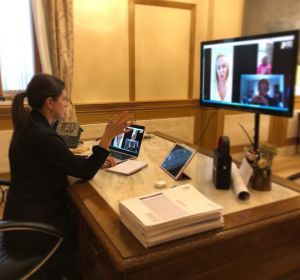 La alcaldesa de San Fernando, Patricia Cavada, durante una reunión telemática La alcaldesa de San Fernando, Patricia Cavada, durante una reunión telemática