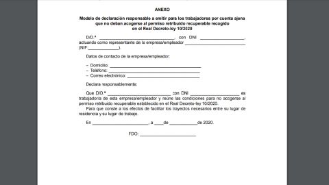 Modelo de declaraci&oacute;n responsable que recoge el BOE
