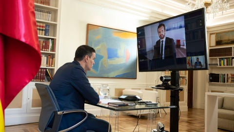 Pedro S&aacute;nchez y Pablo Casado, en su reuni&oacute;n telem&aacute;tica