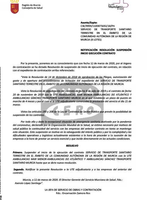 El SMS suspende la ejecución del contrato de las ambulancias que ganó La Generala al carecer de medios para prestar el servicio. El SMS suspende la ejecución del contrato de las ambulancias que ganó La Generala al carecer de medios para prestar el servicio.