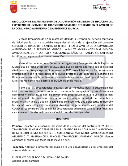 El SMS levanta la suspensión de la ejecución del contrato de ambulancias que ganó La Generala. El SMS levanta la suspensión de la ejecución del contrato de ambulancias que ganó La Generala.