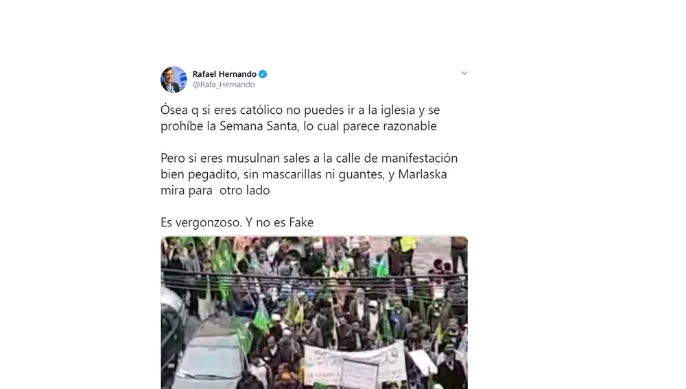 El tuit de Rafa Hernando sobre la concentración de musulmanes de 2018
