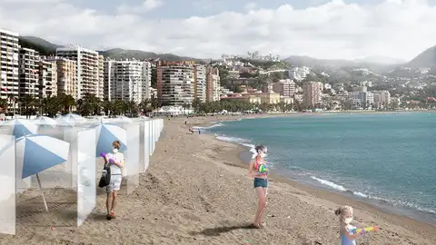 A la playa, ¿entre mamparas? Alberto y Emilio, dos estudiantes universitarios de Málaga, han ideado unas estructuras geométricas de metacrilato, que permitirían el disfrute de la pllaya, cumpliendo con las exigencias sanitarias