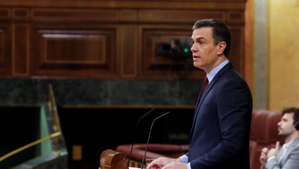 El presidente del Gobierno, Pedro Sánchez, durante su intervención en del debate, este miércoles en el Congreso. 