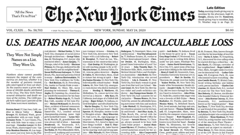 La portada del 'New York Times' con el 1% de las víctimas del coronavirus en Estados Unidos La portada del 'New York Times' con el 1% de las víctimas del coronavirus en Estados Unidos