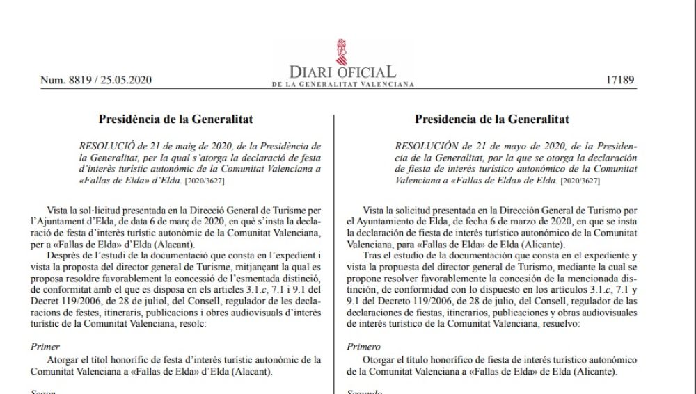 Declaración de las Fallas de Elda como fiestas de interés turístico autonómico.