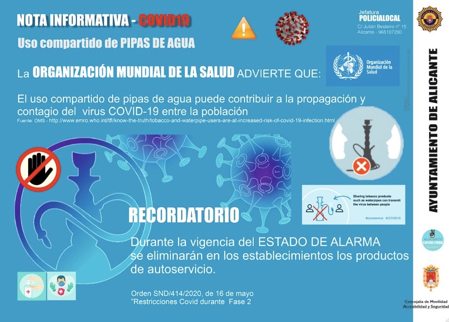 La Policía denunciará el uso de cachimbas por el riesgo de transmisión del COVID La Policía denunciará el uso de cachimbas por el riesgo de transmisión del COVID