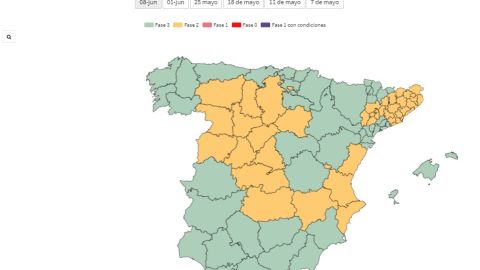 Mapa de Espa&ntilde;a con las provincias en fase 2 y 3 de la desescalada