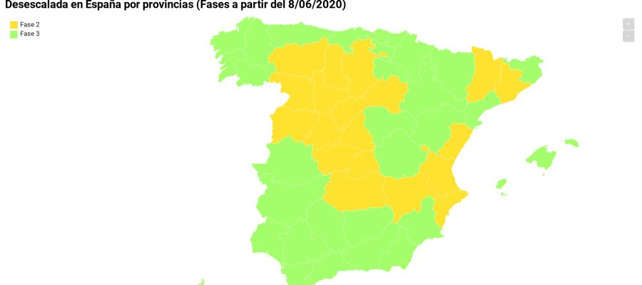 Territorios de España que pasan a la fase 2 y a la 3 de la desescalada Territorios de España que pasan a la fase 2 y a la 3 de la desescalada