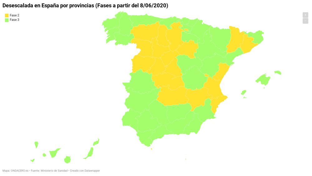 Territorios de España que pasan a la fase 2 y a la 3 de la desescalada