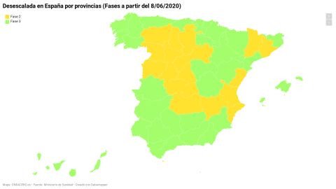 Territorios de Espa&ntilde;a que pasan a la fase 2 y a la 3 de la desescalada