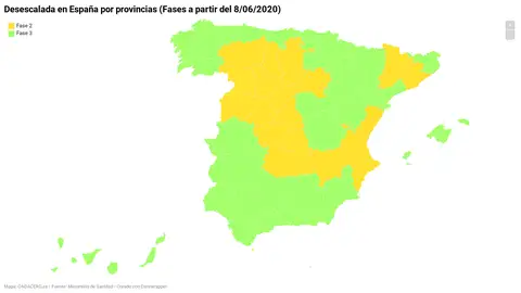 Territorios de España que pasan a la fase 2 y a la 3 de la desescalada Territorios de España que pasan a la fase 2 y a la 3 de la desescalada