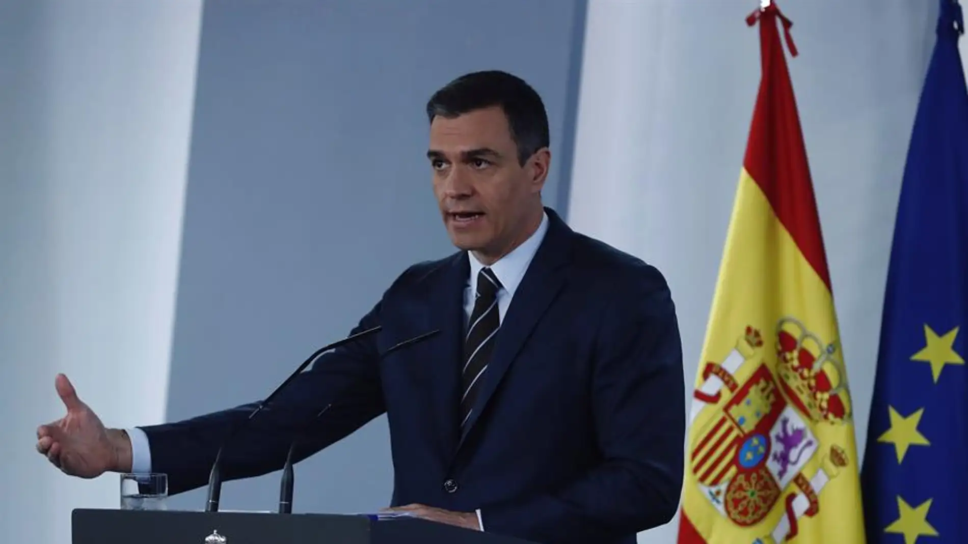 Pedro Sánchez durante la rueda de prensa posterior a la videoconferencia con los presidentes autonómicos