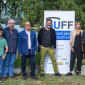 Guillem Jiménez, Xavier Bermúdez, Manuel Baltar, Monti Castiñeiras, Marta Larralde e Miguel Anxo Fernández no inicio da rodaxe do filme, o 2 de outubro de 2019, en Laias