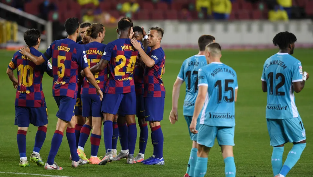 El Barcelona celebra el gol de Ansu Fati al Leganés
