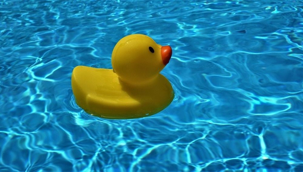 Un pato de goma flotando en una piscina