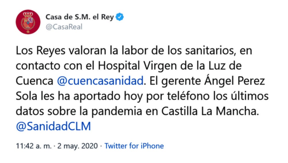 La Casa Real dio a conocer en Twitter la conversación mantenida con el gerente