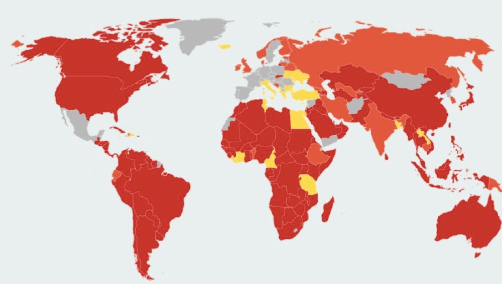 Mapa de países con restricciones a viajeros procedentes de España