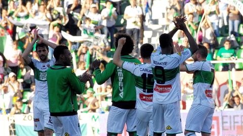 Los jugadores del Elche CF celebran una victoria junto a su afici&oacute;n