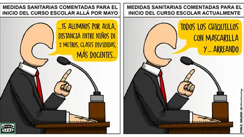 El curso escolar arrancará el lunes 7 de septiembre con la incertidumbre de cómo será la nueva normalidad en las aulas como consecuencia del coronavirus. VIÑETA