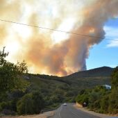 Medios aéreos y terrestres trabajan en la extinción de un incendio forestal declarado en el Valle del Jerte (Cáceres)