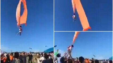 Un ni&ntilde;o de tres a&ntilde;os sale volando por una r&aacute;faga de viento cuando jugaba con su cometa en Taiwan