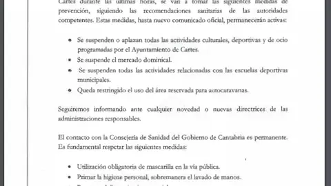 Cartes suspende todas las actividades culturales, deportivas y de ocio En una nota firmada por el alcalde Agustín Molleda