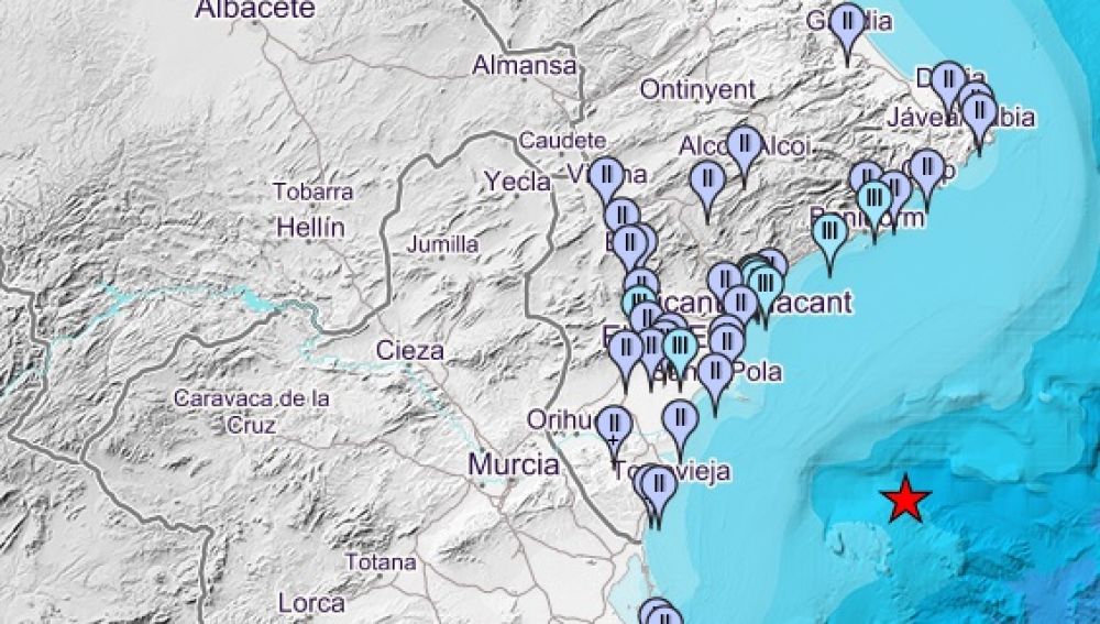 Mapa de intensidad del terremoto registrado frente a las costas de Torrevieja.