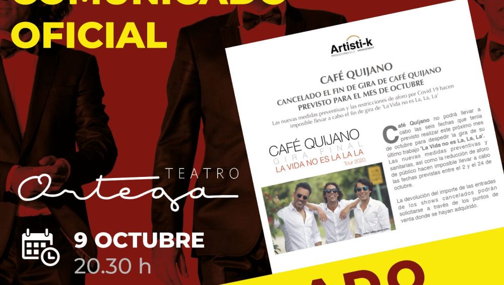 Café Quijano suspende su concierto en el Teatro Ortega