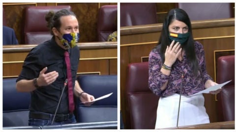 El vicepresidente segundo, Pablo Iglesias, y la diputada de Vox, Macarena Olona