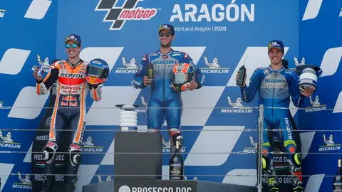 Àlex Rins, Alex Márquez i Joan Mir: podi espanyol al GP d'Aragón Primer triomf de la temporada del barceloní