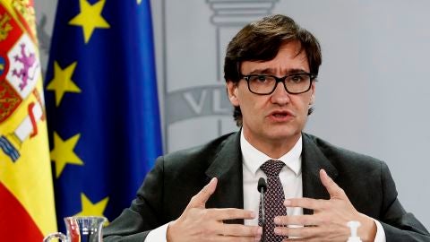 El ministro de Sanidad, Salvador Illa durante su intervenci&oacute;n en la rueda de prensa posterior a la reuni&oacute;n semanal del Consejo de Ministros