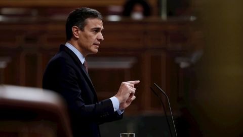 Pedro S&aacute;nchez durante una de las r&eacute;plicas en la moci&oacute;n de censura