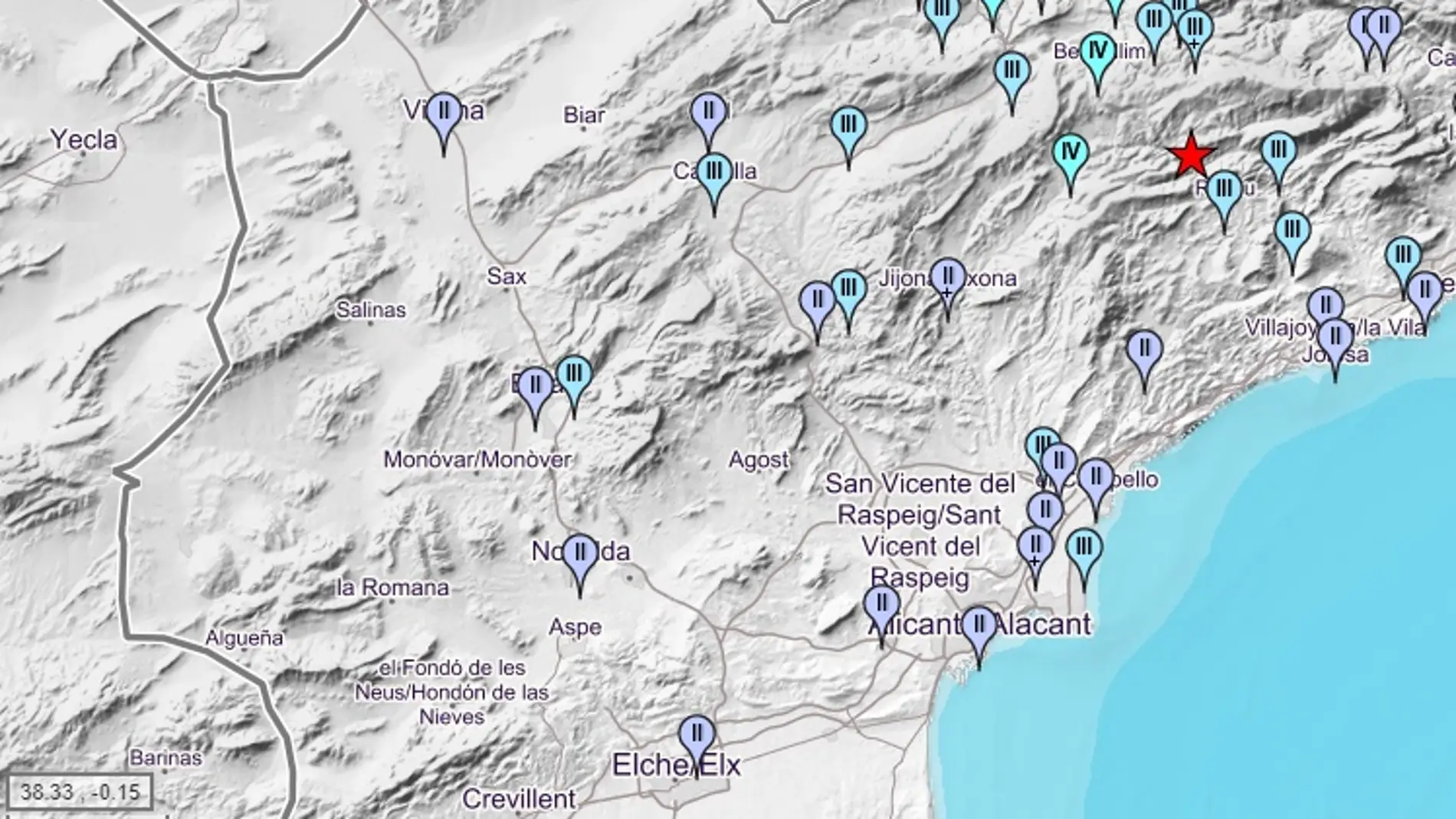 Mapa de intensidades del terremoto de magnitud 3.6 en la escala de Richter con epicentro en Relleu.