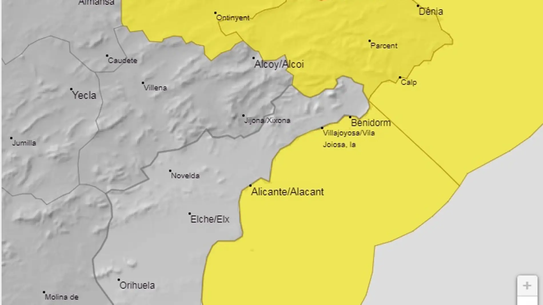 Mapa de alertas en la provincia de Alicante