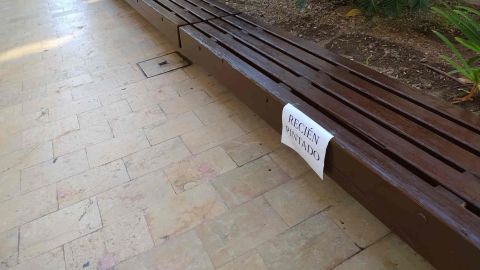 Un banco de la Plaza de la Santa Faz recién pintado. 