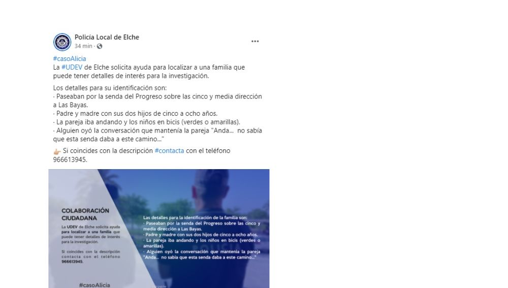 Mensaje difundido por la Policía Local de Elche.