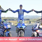 Los campeones del mundo de Moto2 (Bastianini), MotoGP (Mir) y Moto3 (Arenas)