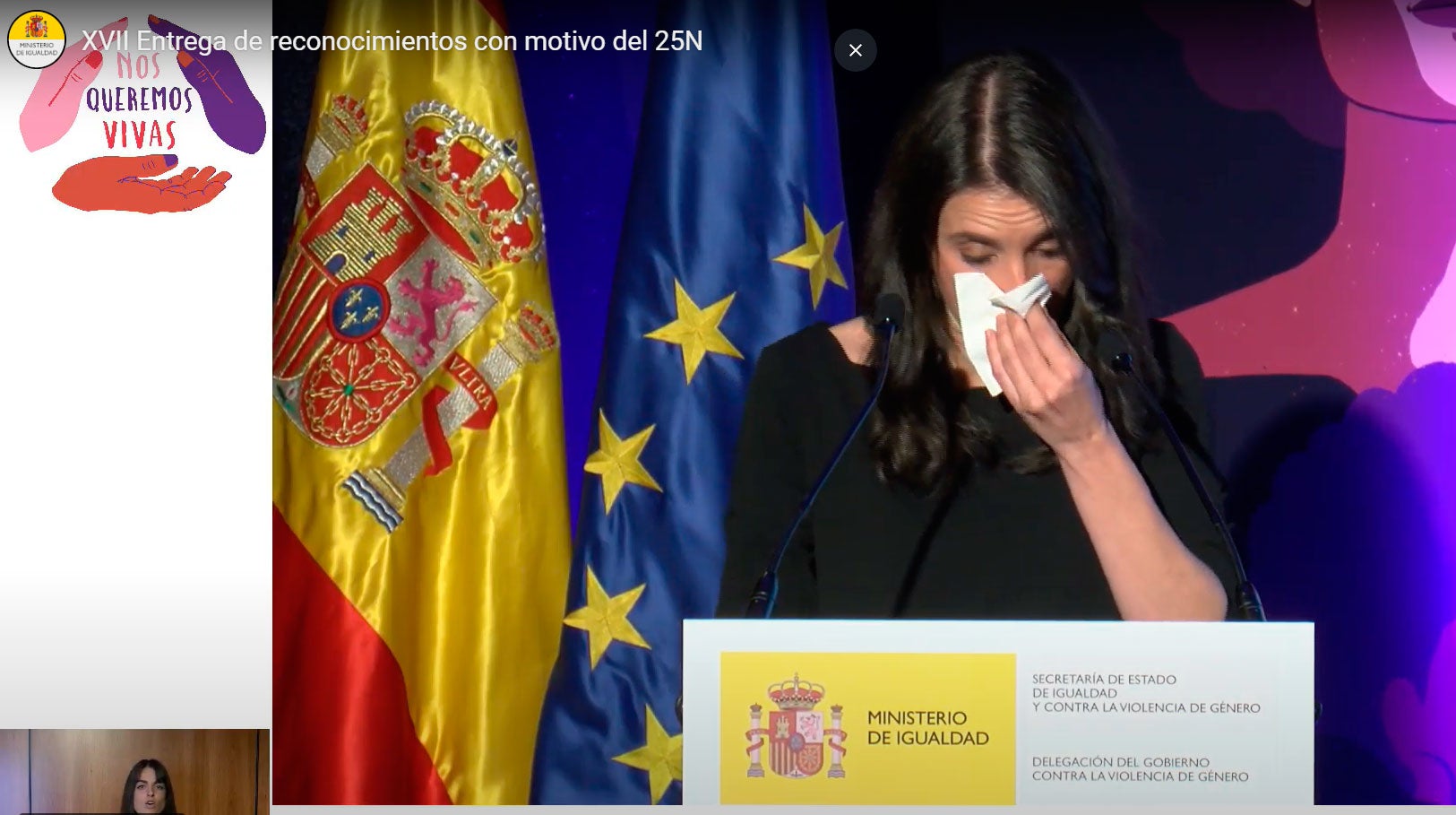 Irene Montero rompe a llorar en un acto institucional sobre la violencia de género Irene Montero rompe a llorar en un acto institucional sobre la violencia de género