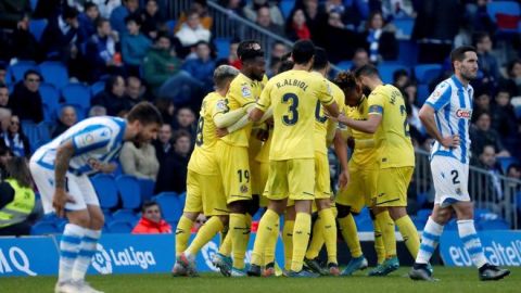 El Villarreal celebra un gol en Anoeta